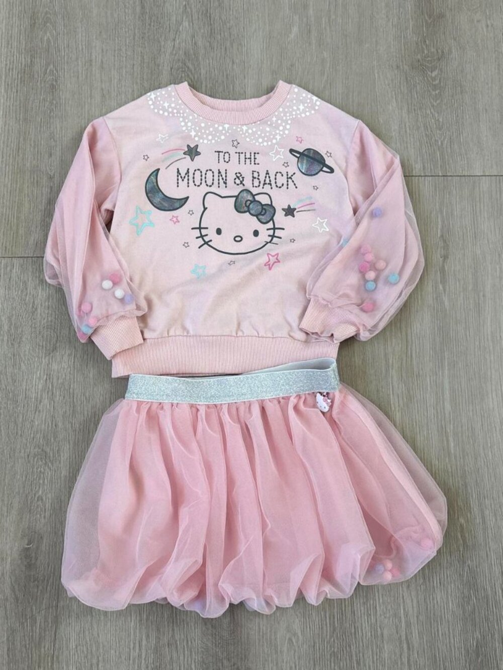 Girls Size 6 Hello Kitty Pink To the Moon & Back Sweatshirt & Tulle Skirt Outfit
